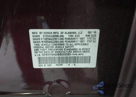 2011 Honda Pilot Ex-L from USA, damaged, VIN 5FNYF4H60BB033585
